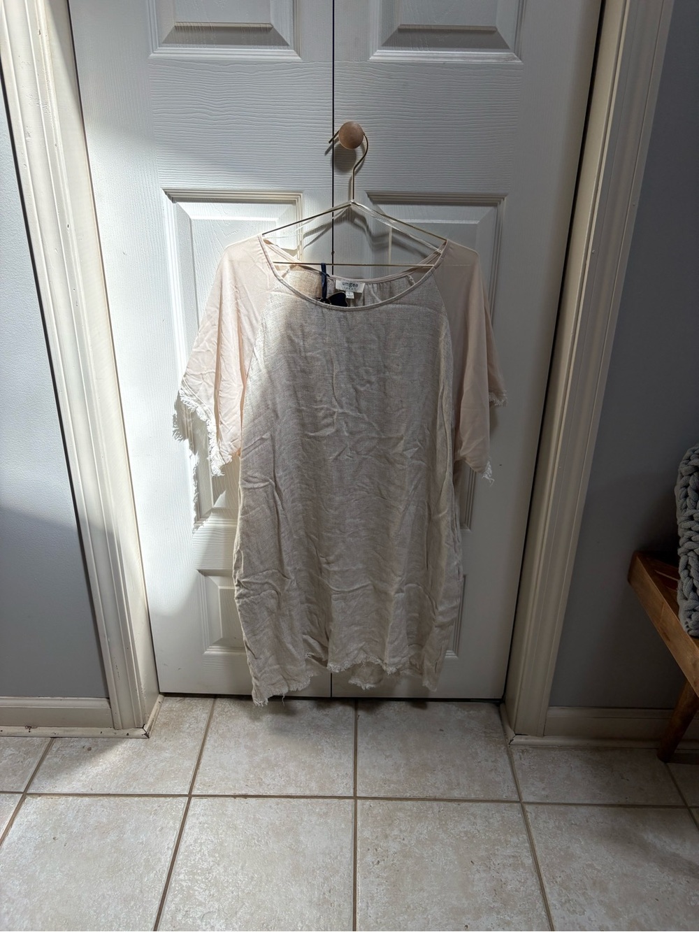 Umgee Light Cream Frayed Hem And Sleeves Tunic Top